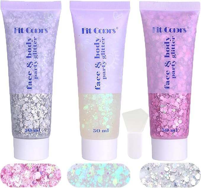 Body Glitter White & Silver & Pink 150ml Face Hair Self Adhesive Gel Accessories Cosmetic Glitter Long Lasting Chunky Sequins Glitters for Eye Lip Nails Gel Festival Rave