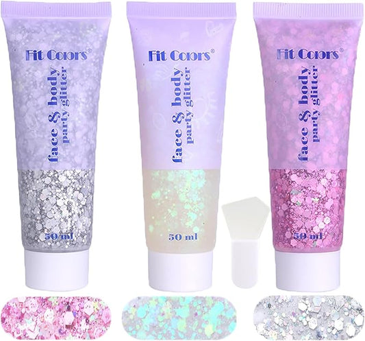 Body Glitter White & Silver & Pink 150ml Face Hair Self Adhesive Gel Accessories Cosmetic Glitter Long Lasting Chunky Sequins Glitters for Eye Lip Nails Gel Festival Rave