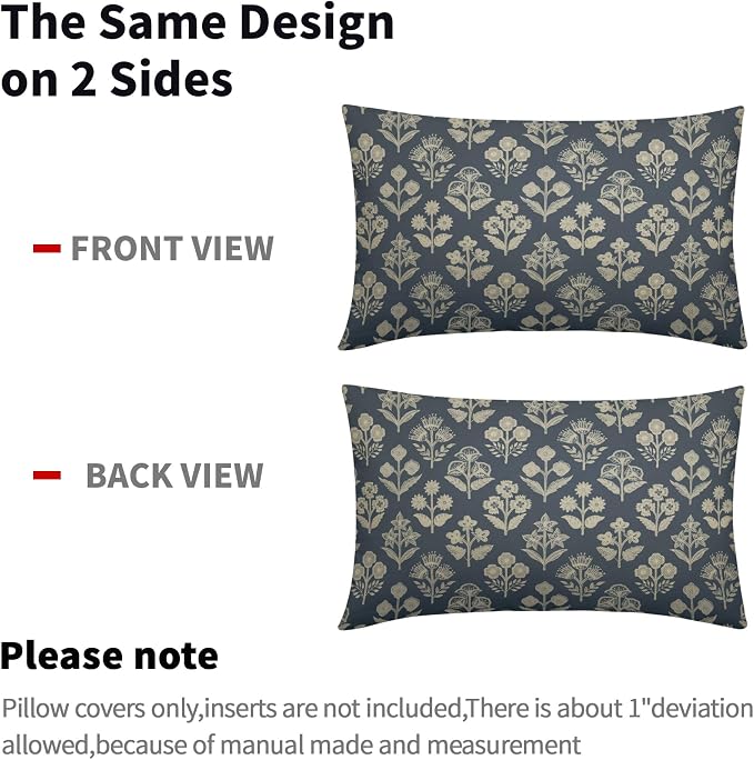 Dusty Blue Pillow Covers 12x20 Inch Set of 2, Cream Floral Block Print Pattern Lumbar Decorative Throw Pillowcases Outdoor Farmhouse Rectangle Cushion Covers Spring Summer Sofa Couch Bed Decor