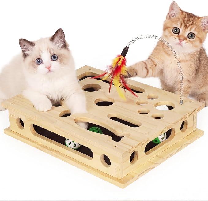 SENNOVI Large Wooden Cat Puzzle Feeder & Scratcher Box, Interactive Toy