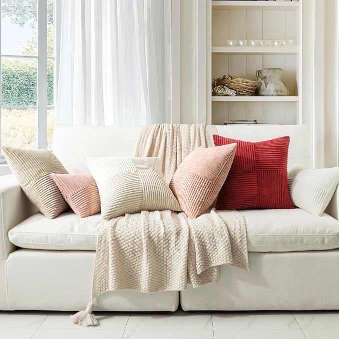 MIULEE Cream White Decorative Lumbar Throw Pillow Covers 14x24 Inch 2 Pack | Beige Neutral Boho Farmhouse Pillow Covers, Soft Cross Corduroy Patchwork Textured Cushion Cases For Couch Sofa Bed