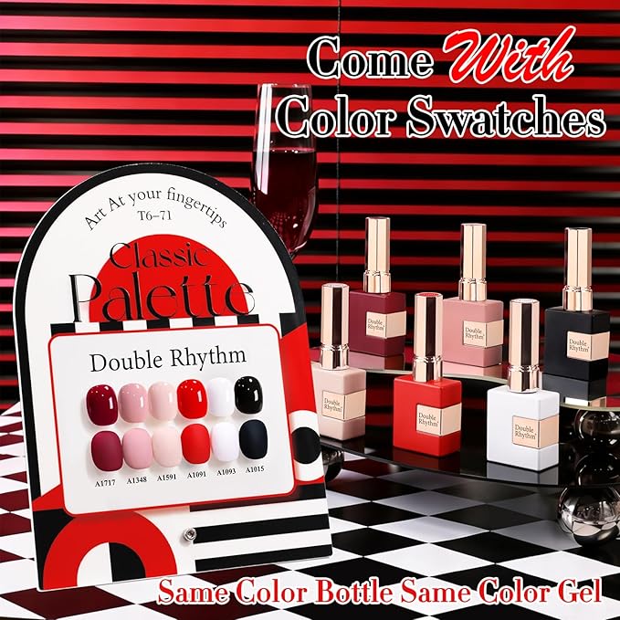 Double Rhythm 6 Pcs 15 ML Gel Polish Set Same Color Same Bottle Soak Off Gel Polish Kit Nail Art Manicure Salon DIY at Home for Women (Black White Red Nude Burgundy Peach-T6-71)