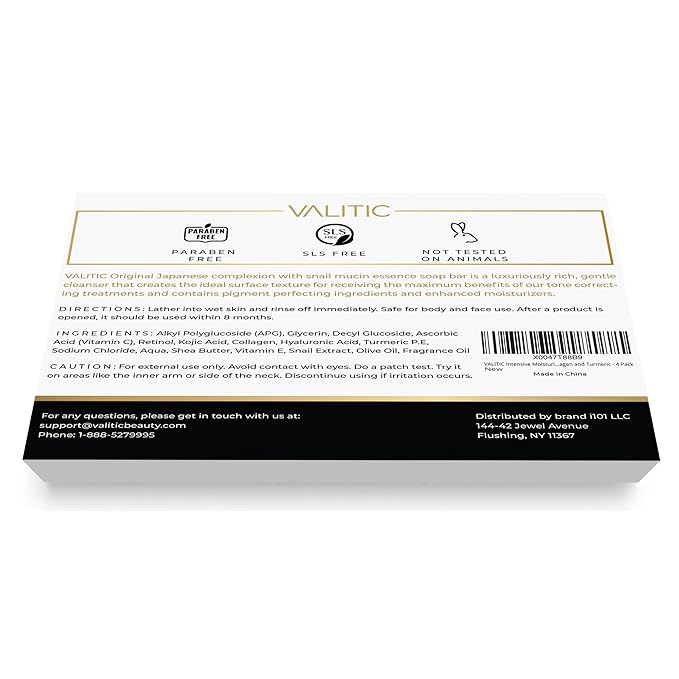 VALITIC Snail Mucin Cleanser Soap Bar with Turmeric and Kojic Acid Dark Spot Corrector – Anti Aging and Purifying Skin Care Snail Secretion for Intense Hydration and Moisturization – 4 Pack