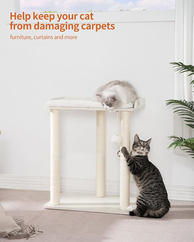 26.7in Large Cat Tree Tower Condo, Cat Scratch Posts for Indoor Cats, Big Plate, Three 23.6in Full Sisal Scratching Posts, White