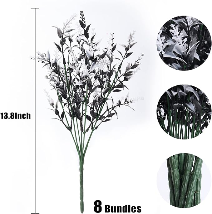 RECUTMS 8 Bundle Artificial Black Flowers Outdoor UV Resistant Fake Flowers | Fall Halloween Decor,Fake Black Plants Greenery Outdoor Shrubs for No Fade Faux Plastic Plants Garden Porch Window Box Décor