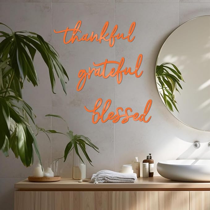 Thankful Grateful Blessed Letter Sign Metal Wall Decor, 3 Piece Black Letters Wall Art for Bathroom Bedroom Metal Words Wall Decor for Home Decor (Orange)