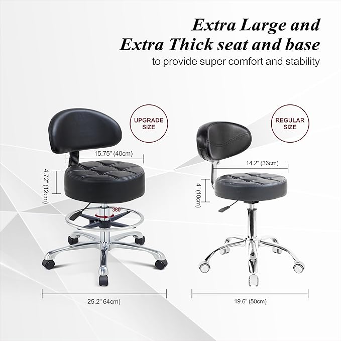 Height Adjustable Rolling Shop Stool with Back Support - Kitchen Stool with Wheels Heavy Duty for Salon, Spa, Massage, Tattoo, Esthetician - Extra Thick for Extreme Comfort