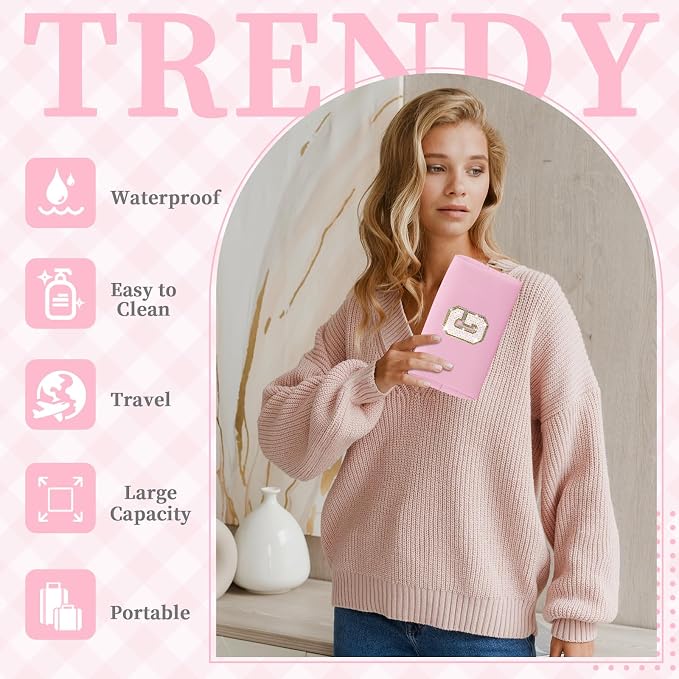 Small Personalized Initial A-Z Patch Makeup Bag,Pink Cute PU Leather Glitter Letter Cosmetic Bag for Teen Girls,Travel Toiletry Bag with Zipper,Preppy Monogrammed Birthday Gift for Daughter Niece G