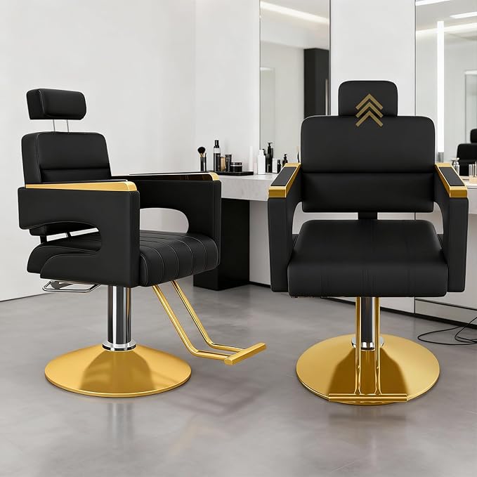 Professional Barber Salon Chair with Stainless Steel Armrests & Reclining Backrest, Hydraulic Pump Stylist Chair with 360° Swivel & Adjustable Height, Black+Gold