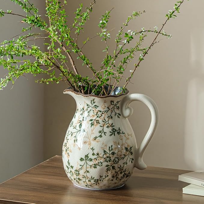 Ceramic Flower Vase for Home Decor, Vintage Green Pitcher Vase 8 Inch | Rustic Farmhouse Floral Vase for Kitchen, Coffee Table, Living Room, Mantel, Bookshelf, Entryway, Wedding Centerpiece