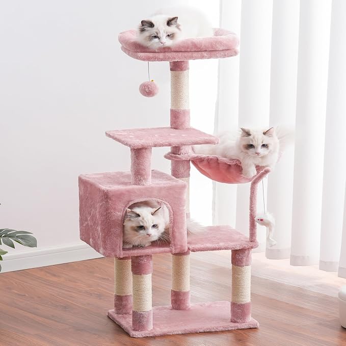 Heybly Cat Tree with Toy, 43.3 inch Cat Tower condo for Indoor Cats, Cat House with Padded Plush Perch, Cozy Hammock and Sisal Scratching Posts, Skin Pink HCT004SP