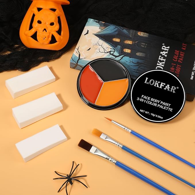 Black Red Orange Face & Body Paint - Blendable Facepaint Foundation with Sponge & Brush for Skin, Professional Halloween Face Make-up Kit for Scarecrow Tiger Devil Pumpkin Fox Lion Costume