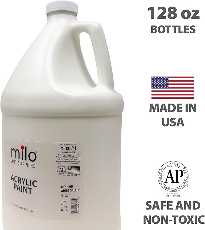 milo Titanium White Acrylic Paint | 128 oz (1 Gallon) Supply | AP Certified Non-Toxic, Made in USA | Essential Bulk Art Paint for Classroom, Studio, & All Artists