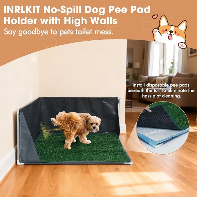 Dog Litter Box with High Walls with Artifial Grass Pad | Waterproof Pee Pad Holder Foldable, Indoor Dog Potty Tray for Puppy & Large Dogs, Splash-Proof No Spill Pee Shield for Pets