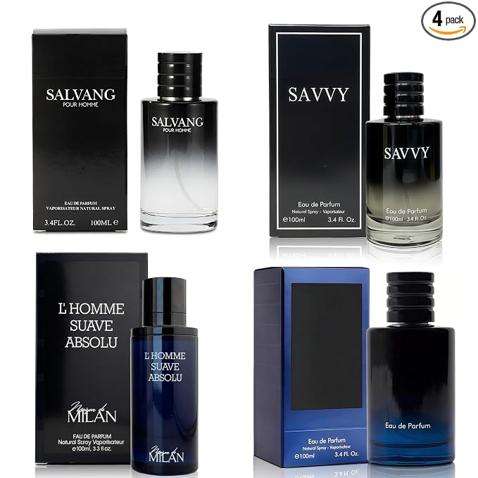 A CENTER Men's Cologne Gift Set of 4(LhommeSa&Savvy&Salvang&SE) - 3.4 Fl Oz Each | Vanilla Bourbon, Leather & Amber Floral Fragrance Luxury Eau de Toilette