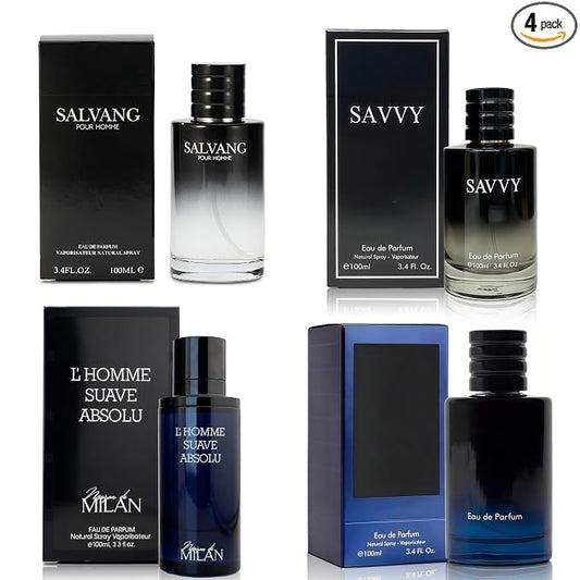 A CENTER Men's Cologne Gift Set of 4(LhommeSa&Savvy&Salvang&SE) - 3.4 Fl Oz Each | Vanilla Bourbon, Leather & Amber Floral Fragrance Luxury Eau de Toilette