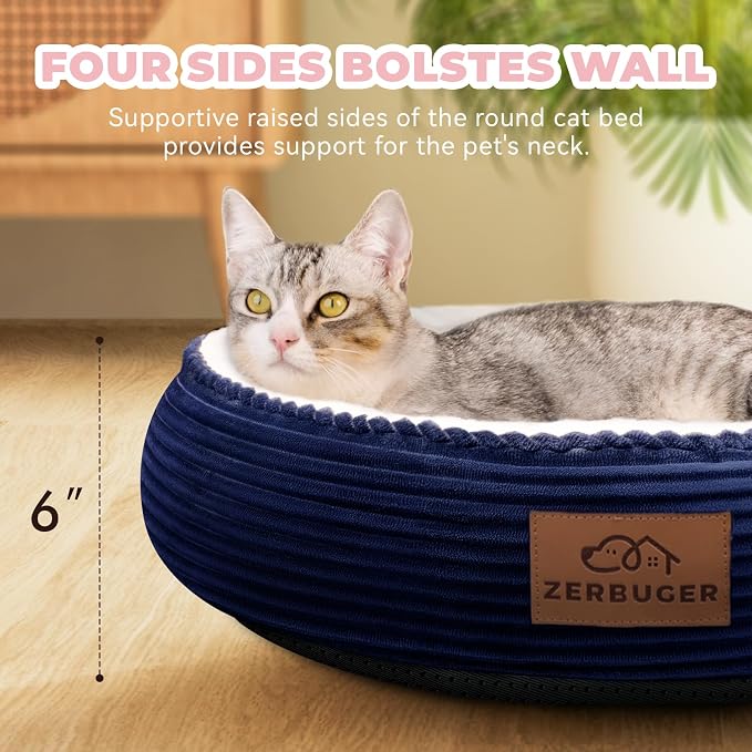 Zerbuger 20in Washable Cat Beds for Indoor Cats - Round Donut Pet Bed for Cats, Small Dogs, Puppy, Kitten - Anti-Slip Bottom, Calming Bed Gift - Navy Blue | for Small/Medium/Large Dogs Cats, Foam Pet Couch with Removable Mat Non-Slip Bottom, Pet Cuddle...