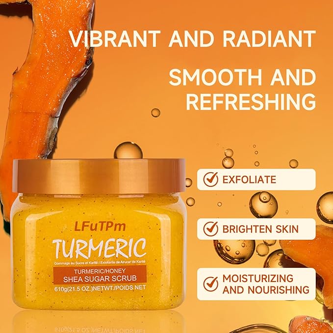 Turmeric & Honey Body Scrub with Shea Butter and Sugar - Moisturizing Exfoliator for Skin Removal, Leaves Skin Soft, Smooth, Full Body, Hands, Feet Use - 21.5 oz