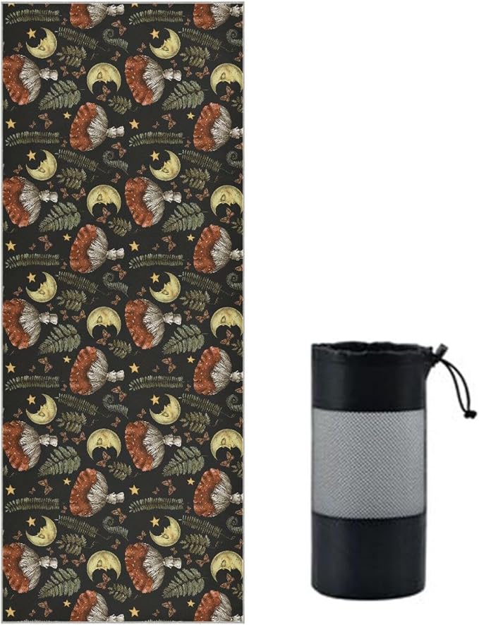 Retro Mushroom Moon Yoga Mat Towel Non Slip Soft Sweat Absorbent Hot Yoga Mat Towel, for Hot Yoga, Pilates and Workout-73 x 27 Inch