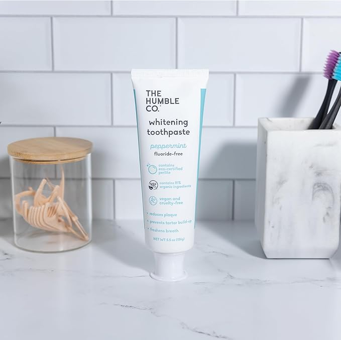 The Humble Co Fluoride-Free Teeth Whitening Toothpaste, Peppermint - Natural Whitening Toothpaste with Xylitol & Eco Certified Perlite for Adults - SLS Free Dental Oral Care & Hygiene - 2 Pack
