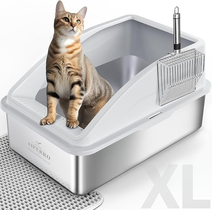 AIPERRO Stainless Steel Litter Box | XL Enclosed Cat Litter Boxes with Lid | High Sided Meat Litter Box for Big Cats | Anti-Urine Leakage | Non-Stick & Easy to Clean | Includes Litter Mat & Metal Scoop