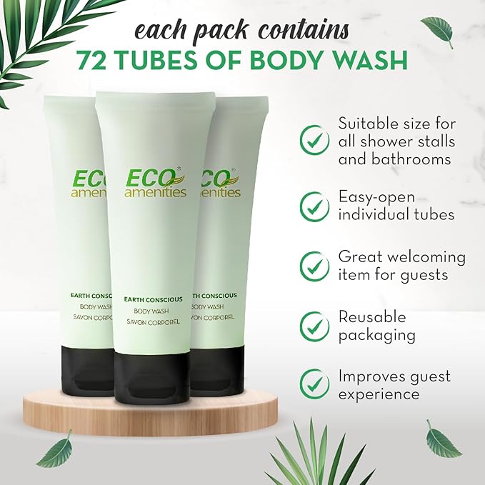 ECO amenities Hotel Body Wash - 0.75 fl oz, 72 Pack, Green Tea - TSA Approved Travel Shower Gel Leak-Proof - Cruelty-Free & Eco-Friendly Mini Toiletries - Bulk Unisex Body Wash