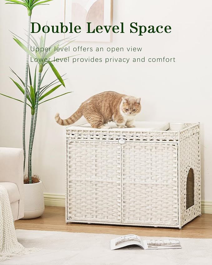 SETVSON Cat Litter Box Enclosure Furniture, Handwoven PE Rattan, White | Large Double-Door PE Rattan Kitty House, Fits Large Covered Litter Boxes, 2 Litter Mats, 2 S-Hooks, Metal Frame
