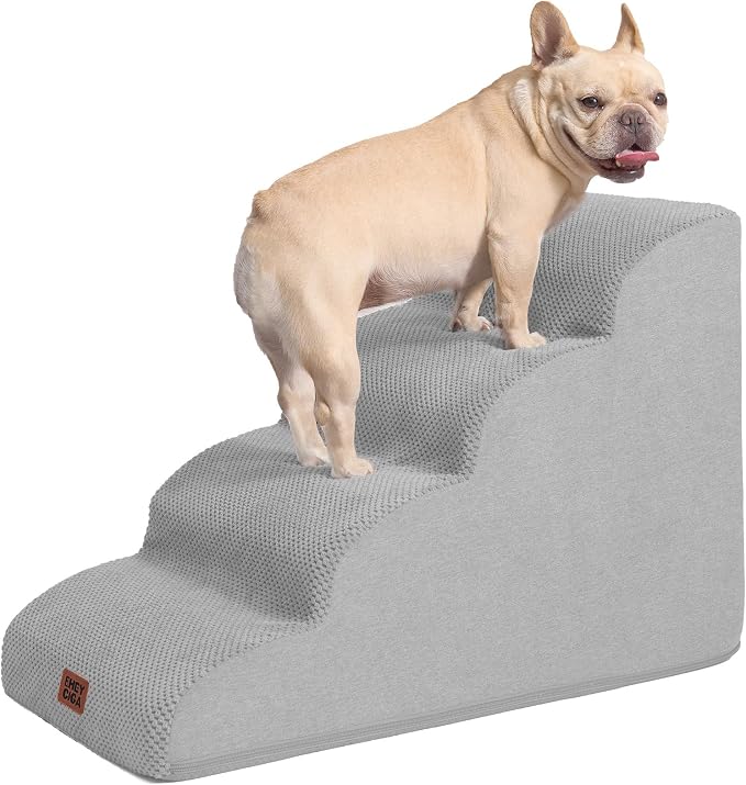 EHEYCIGA Curved Dog Stairs Ramp, 4-Step High Beds, 19.7" H Pet Step | 33D density of pure foam, for Small Dogs and Cats, Pet Stairs for High Bed Climbing, Non-Slip Balanced Indoor, Light Grey
