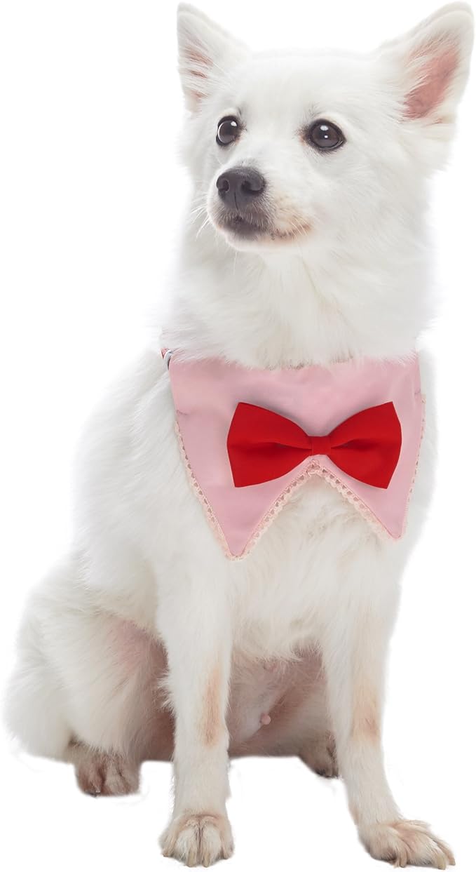 Blueberry Pet Modern Pink Plaid Adjustable Dog Bandana Collar with Bow Tie, Medium, Neck 14.5"-20"