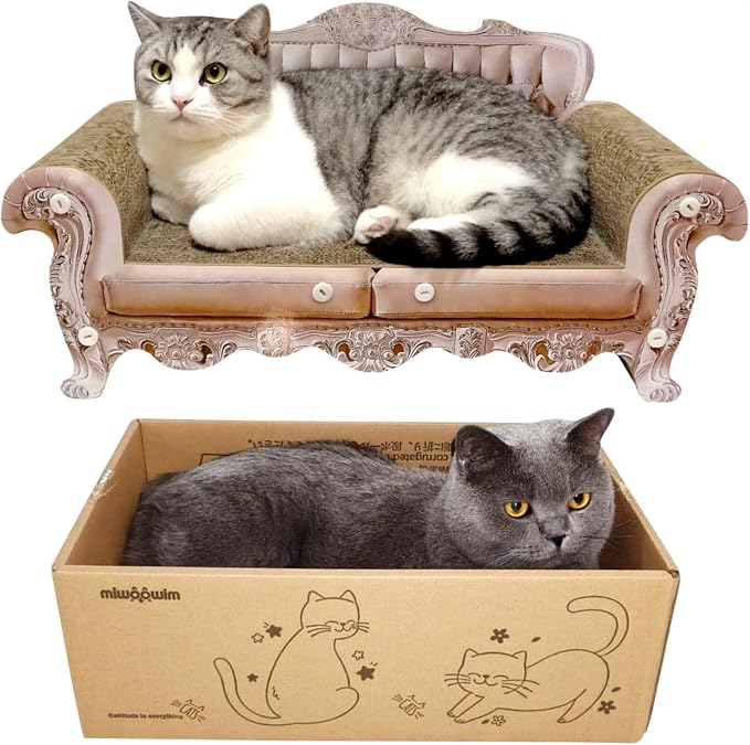 miwoowim Royal Cat Scratcher Sofa & Box, Durable Cardboard Furniture Guard | Luxury 2PCS Set, 23" Unique Couch & 17.3" Cute Box with Scratch Corrugated Pad, Modern Large Lounger for Indoor Cats