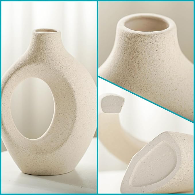 Lvases Snuggle Hollow Ceramic Vase Set of 2, Boho Home Decor for Tabletop | Modern Nordic Flower Vase for Pampas Grass, Decorative Coffee-Table Centerpiece for Living Room, 6.3 x 8.4 in, Milky White
