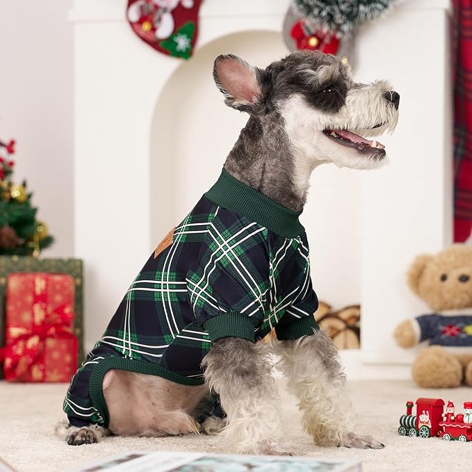 XPUDAC 4 Pack Dog Pajamas for Small Dogs Cats Plaid Doggie Clothes Puppy Onesies Christmas Pajamas Jumpsuits Pet Pjs Shirt Apparel Large, Red Green Beige Grey