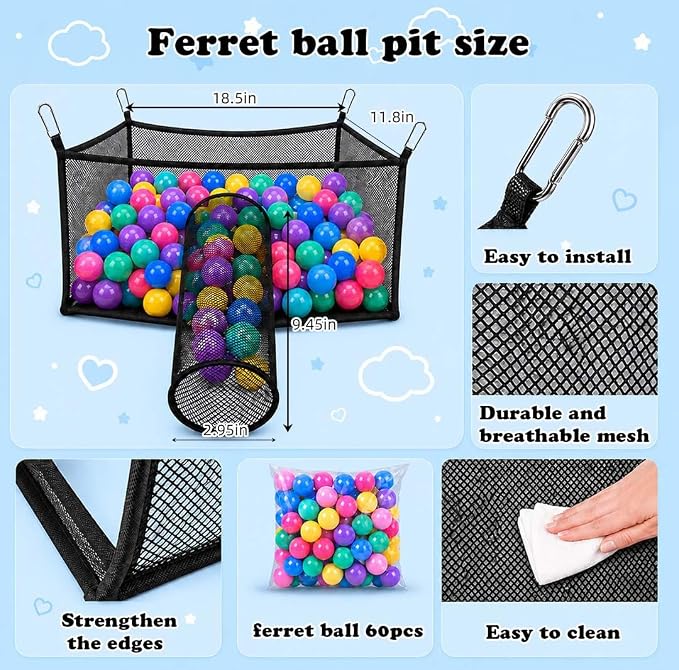 Ferret Ball Pit Hammock for Cage with 60 Colorful Play Balls, Interactive Hanging Enrichment Toy, Compatible with Ferret Tunnel Systems, Fun Activity Center for Ferrets and Small Animals