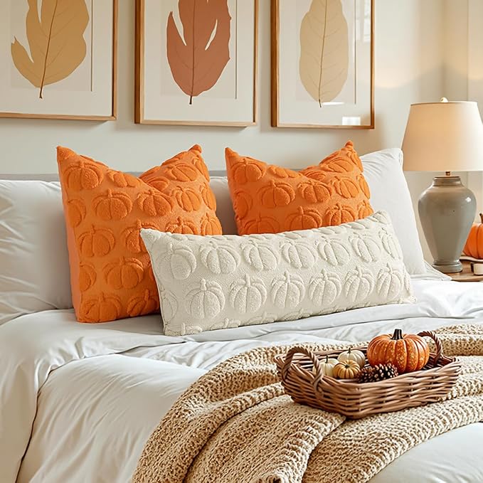 MIULEE Fall Pillow Cover Pumpkin Fall Decor Lumbar 14x36 Cream White | Set of 2 Fall Decorations for Home, Plush Faux Fur Farmhouse Accent Pillowcase, Porch Sofa Couch Cushion Bed Livingroom