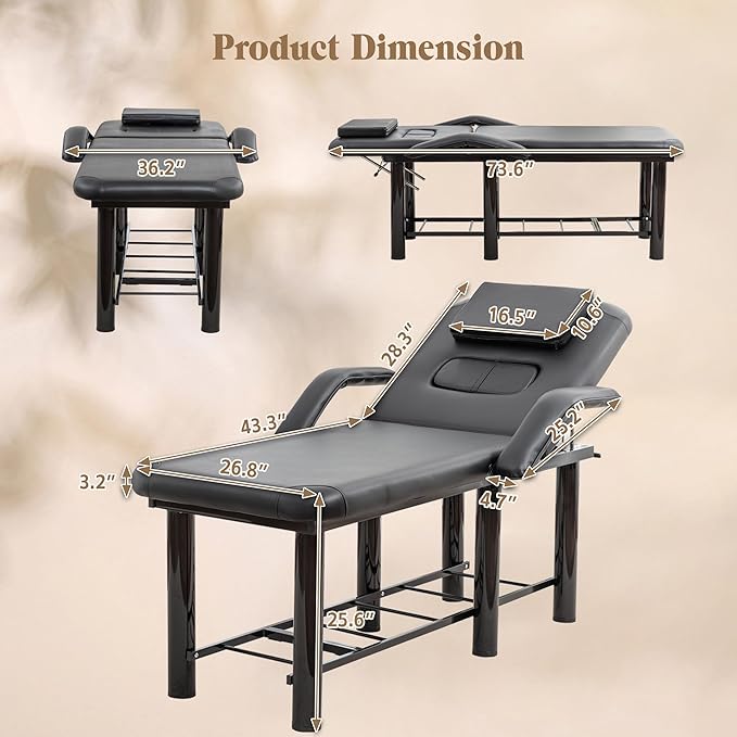 Professional Massage Bed Stationary Adjustable Massage Table Spa Bed 73" x27.5” Physical Therapy Table with Memory Foam Salon Bed w/Removable Headrest (Black with Armrest)