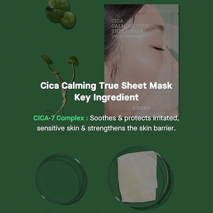COSRX Cica Calming True Sheet Mask, 21ml/0.71 fl.oz, Centella Face Mask with Centella Asiatica, Lightweight Finish, Parabens Free, Korean Skin Care