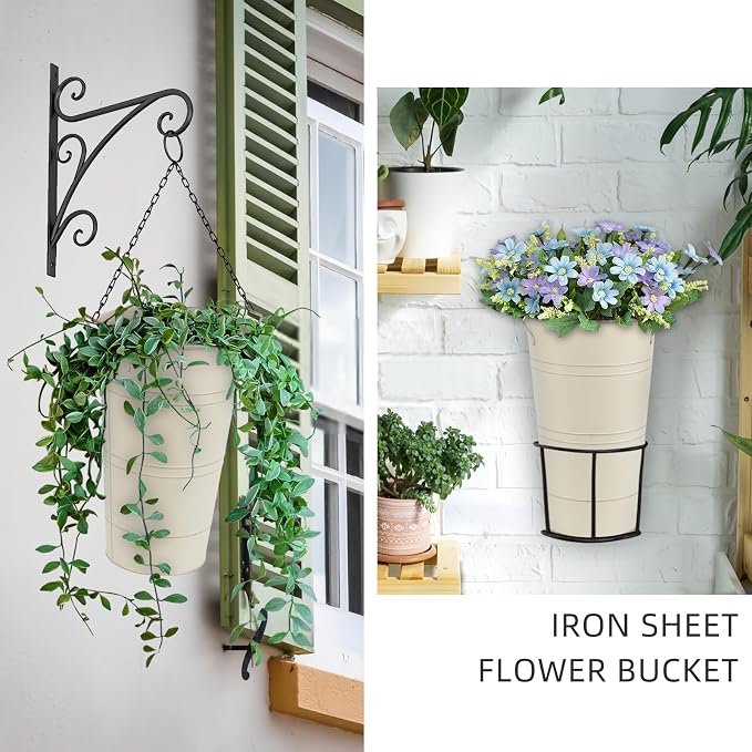 Notakia 12 Inch Large Galvanized Metal Vases Farmhouse French Flower Bucket Vases for Cut Flowers for Home Decor and Wedding Table Centerpiece Decorations (Large Beige 8Pcs)