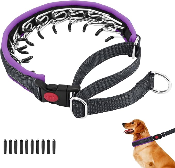 Martingale No Pull Dog Collar for Large Medium Small Dogs, Heavy Duty Nylon Reflective Adjustable Anti Pull Slip Collar with Buckle for Training Walking L Black Purple