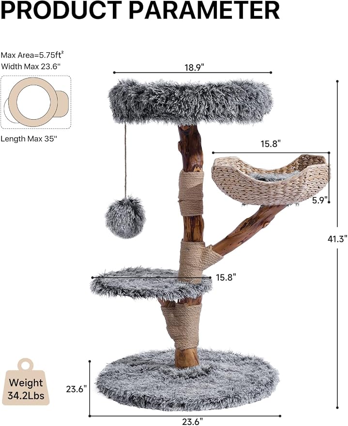 Sopapets Solid Wood Cat Tree with Hand-Woven Basket, 41.3" Natural Wood Cat Tower with Real Branch, Modern Boho Cat Furniture for Indoor Cats & Large Cats, Sisal Scratching Posts, Gray