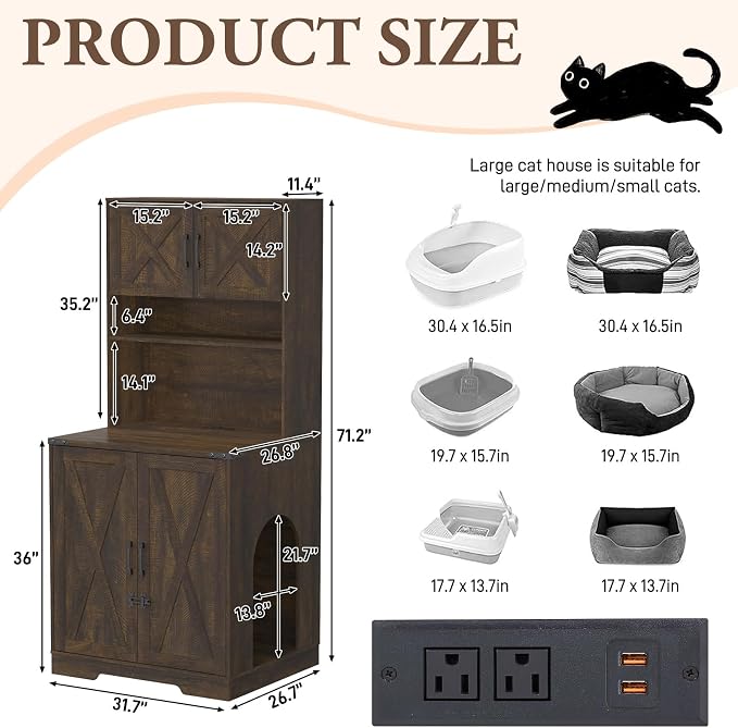 71Inches Tall Cat Litter Box Enclosure for Cats W/Power Outlets,Open Shelves.Wooden Pet Washroom Furniture W/Lock,Cabinet.White Indoor Cats House,Hidden Cat Litter Box for Living Room,Bedroom(Brown-2)