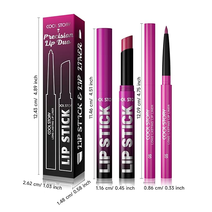 2 Piece Lip Liner and Lipstick Set, Long Lasting Formula, Professional Makeup Kit (05)
