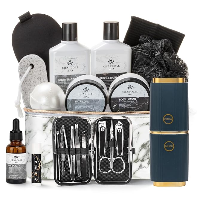 23pcs Bath and Body Gift Basket for Men & Women, Charcoal Home Spa Kit, Leather Bag, Skin Care Set, Self Care Kit, Christmas, Birthday,Anniversary, Mother's Day Gift, Mom, Dad, Wife