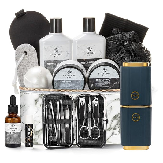 23pcs Bath and Body Gift Basket for Men & Women, Charcoal Home Spa Kit, Leather Bag, Skin Care Set, Self Care Kit, Christmas, Birthday,Anniversary, Mother's Day Gift, Mom, Dad, Wife