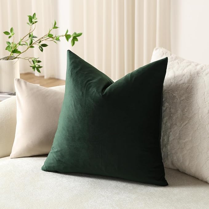 Throw Pillow Covers 16x16 Dark Green: Pack of 2 Cozy Soft Velvet Square Modern Luxury Decorative Throw Pillow Cases for Sofa Couch Living Room Bed Home Decor
