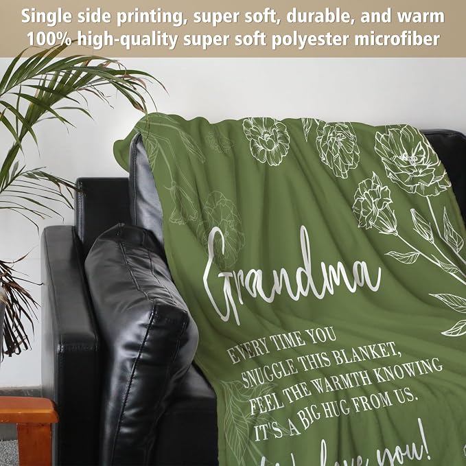 GiltGlimmer Grandma Gifts, Grandma Floral Blanket 50" x 60", Grass Green | Birthday Gifts for Grandma from Grandkids, to My Grandmother Soft Flannel Throw Blanket for Christmas Mothers Day
