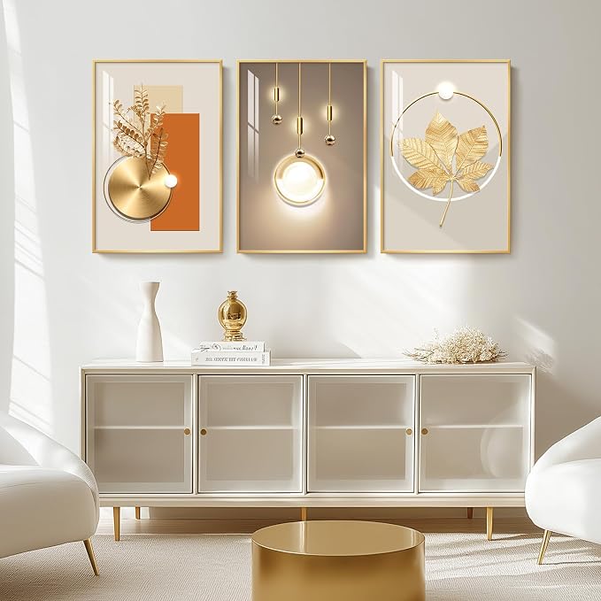 Framed Modern Luxury Gold Large Wall Art for Living Room, 3 Piece 24x36 In | Soild golden framed prints, Crystal coating wall paintings, Big geometric wall art for bedroom dining room hallway