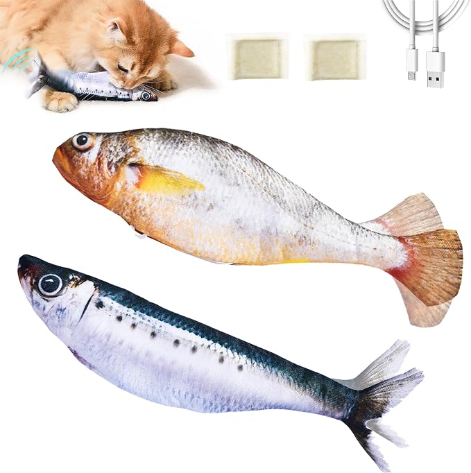 2 Pack Floppy Fish Cat Toys with Catnip, Rechargeable Flopping Fish Toy