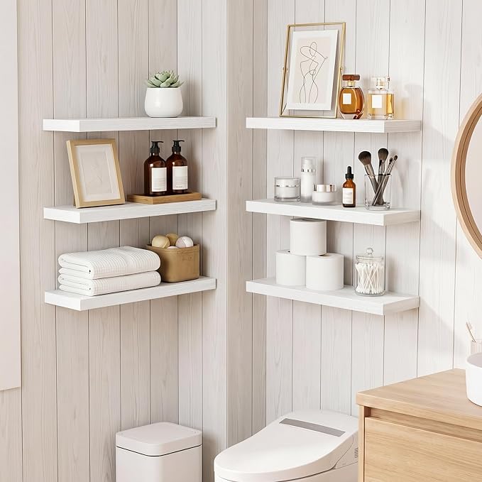 Fixwal Floating Wall Shelves for Decor (White Set of 6, 15.7 Inch) | MDF Shelves with Metal Brackets, Space Saving for Books, Decor, Works in Bathroom, Kitchen, Living Room, Bedroom