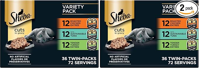 Sheba Perfect Portions Wet Cat Food Cuts in Gravy,Roasted Chicken Entree,with Sustainable Tuna,Tender Turkey Entree,2.6 oz. Twin-Pack Trays (,72 Servings),36 Count (Pack of 2)