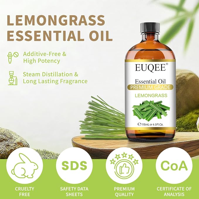 EUQEE Lemongrass Essential Oil 118ml Premium Lemongrass Oil with Glass Dropper, Great for Diffuser, Candle Making - 4Fl. Oz